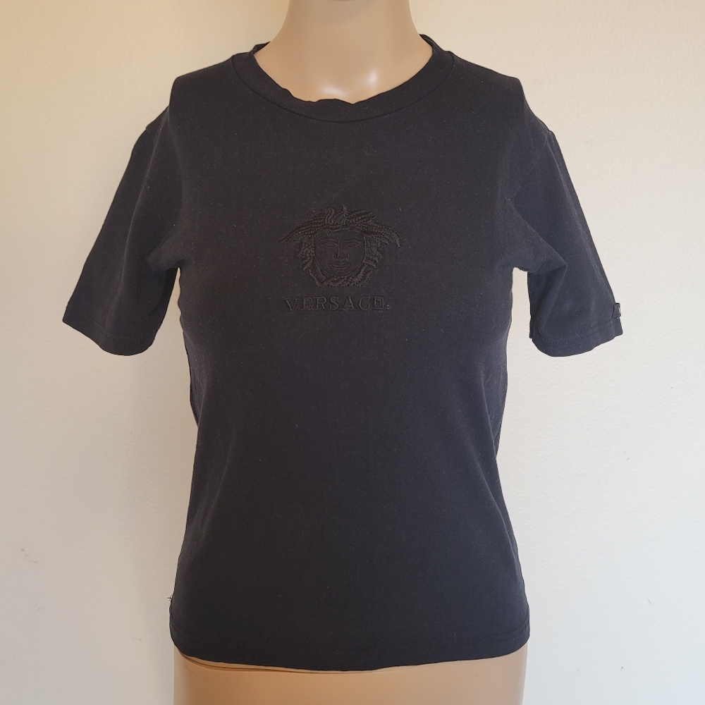 Gianni Versace Graphic Medusa Crew Neck Black Stretch Top T-shirt